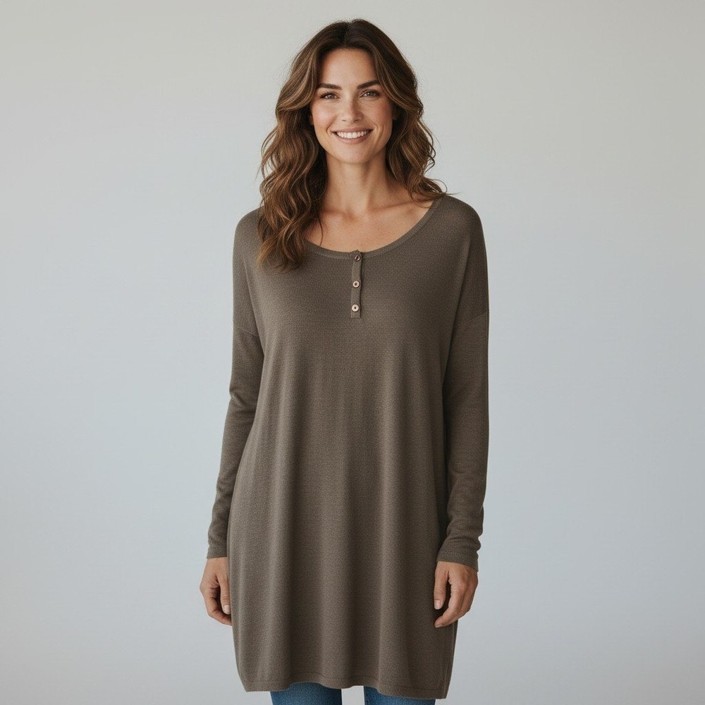 Eileen Fisher Womens Henley Tunic oversized Sweater Italian Yarn minimalist SZ L